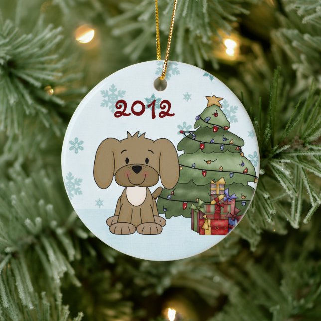 Personalized Cute Puppy Dog Baby's 1st Christmas Ceramic Ornament (Tree)