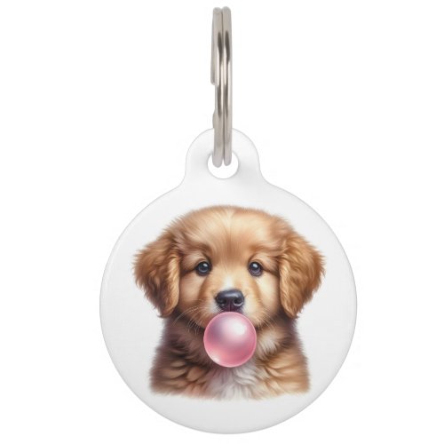 Personalized Cute Puppy Dog Blowing Bubble Gum Pet ID Tag