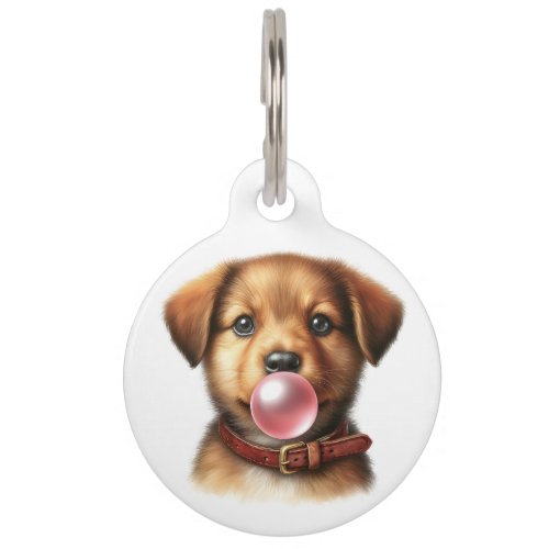 Personalized Cute Puppy Dog Blowing Bubble Gum Pet ID Tag