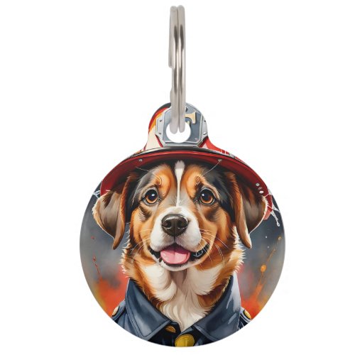 Personalized Cute Puppy Dog in Firefighter Uniform Pet ID Tag