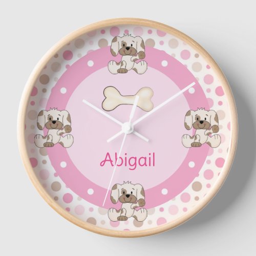 Personalized Cute Puppy Dog Pink Polk Dot Clock