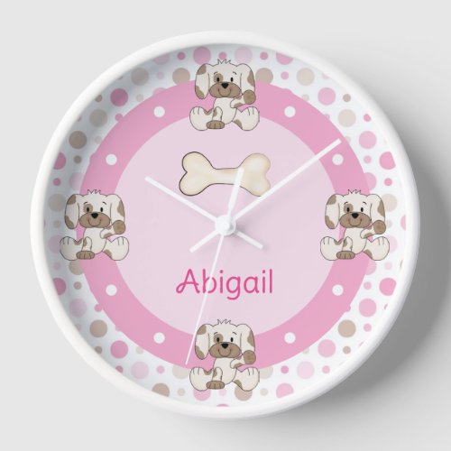 Personalized Cute Puppy Dog Pink Polk Dot Clock