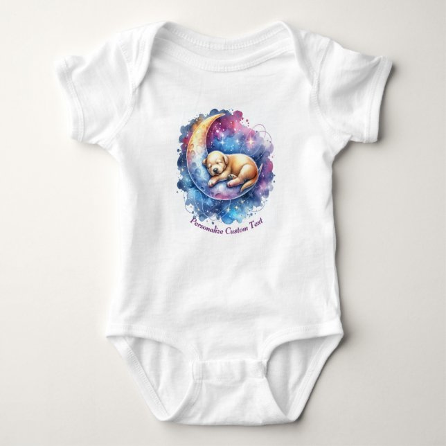 Personalized Cute Puppy Dog Sleeping on Moon Baby Bodysuit (Front)