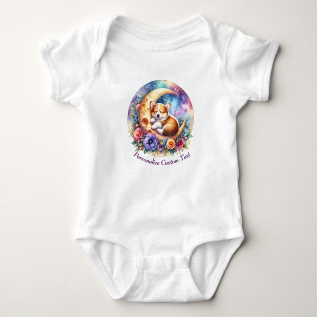 Personalized Cute Puppy Dog Sleeping on Moon Baby Bodysuit (Front)