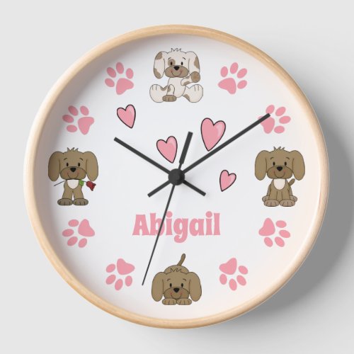 Personalized Cute Puppy Dogs Paw Prints Hearts Clock