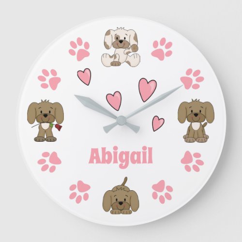 Personalized Cute Puppy Dogs Paw Prints Hearts Large Clock