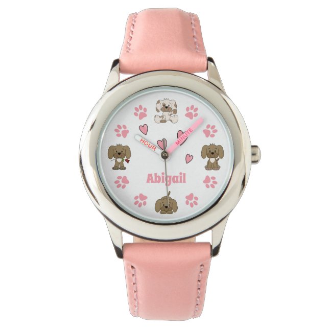 Personalized Cute Puppy Dogs, Paw Prints, Hearts Watch (Front)