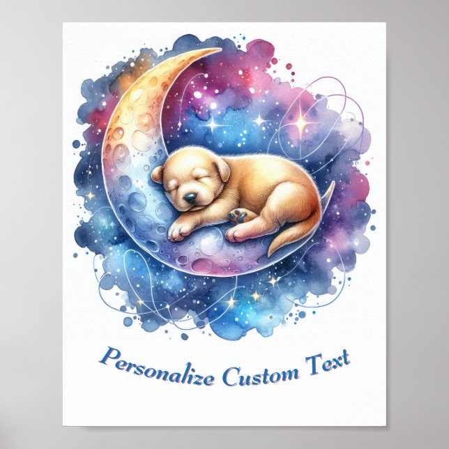 Personalized Cute Puppy Sleeping on Moon Poster (Front)