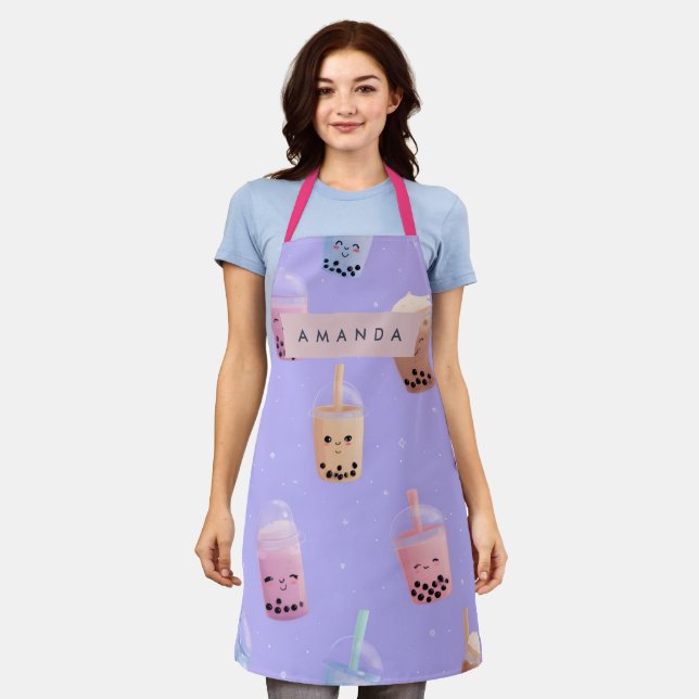 Personalized Cute Purple Pastel Bubble Tea Apron (Worn)
