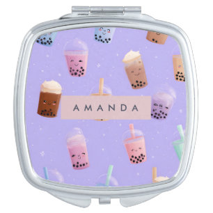 Personalized Cute Purple Pastel Bubble Tea Compact Mirror
