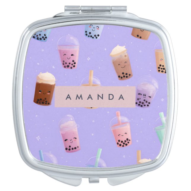 Personalized Cute Purple Pastel Bubble Tea Compact Mirror (Front)