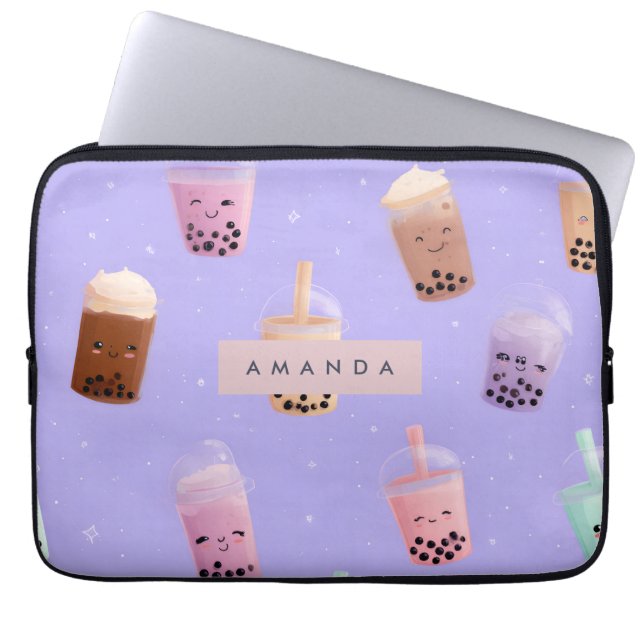 Personalized Cute Purple Pastel Bubble Tea Laptop Sleeve (Front)