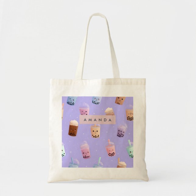 Personalized Cute Purple Pastel Bubble Tea Tote Bag (Front)