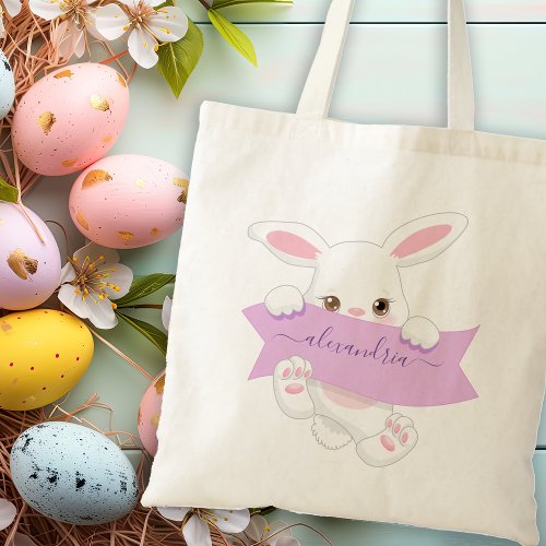 Personalized Cute Purple Ribbon Easter Bunny Girl Tote Bag