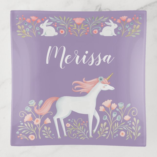 Personalized Cute Purple Unicorn Trinket Tray (Front)