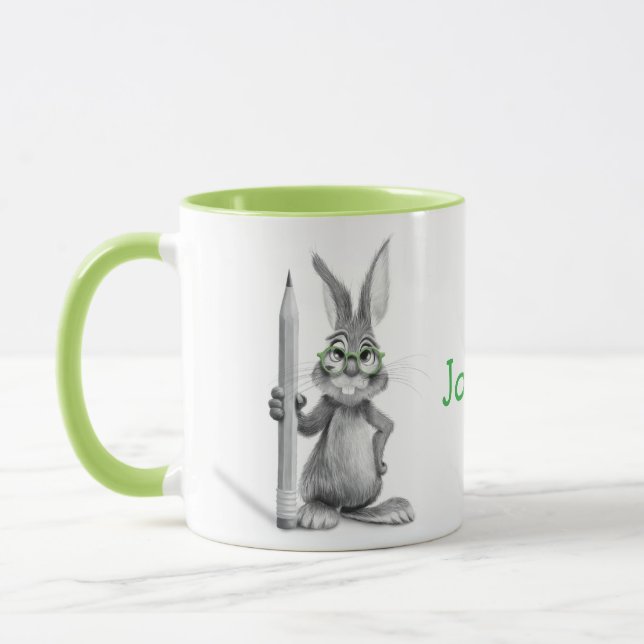 Personalized Cute Rabbit Mug with Green Handle (Left)