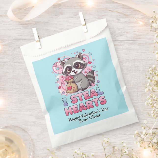 Personalized Cute Raccoon Classroom Valentine Favor Bag (Clipped)