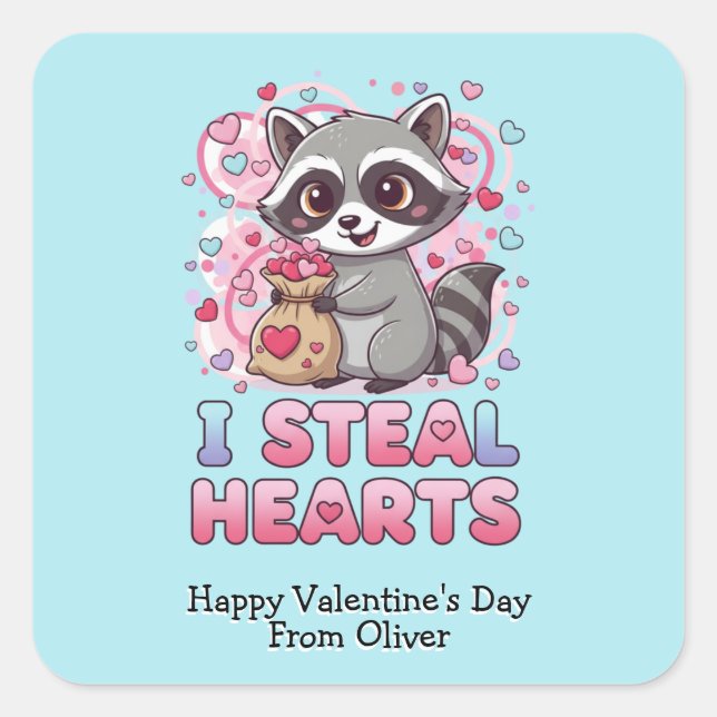 Personalized Cute Raccoon Classroom Valentine Square Sticker (Front)