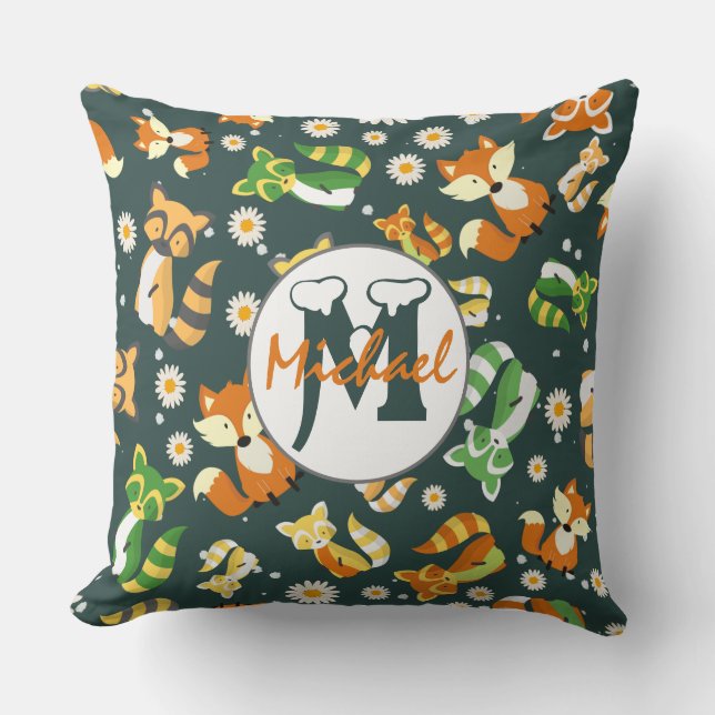 Personalized cute raccoons and forest nursery blue throw pillow (Front)