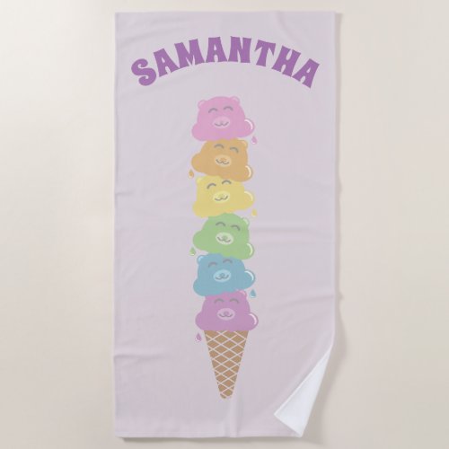 Personalized Cute Rainbow Bear Ice Cream Cone Beach Towel
