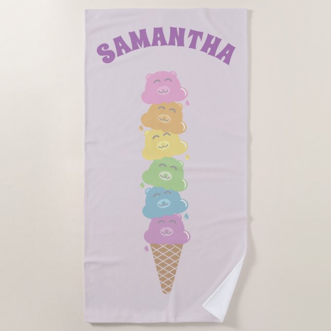 Personalized Cute Rainbow Bear Ice Cream Cone Beach Towel (Front)
