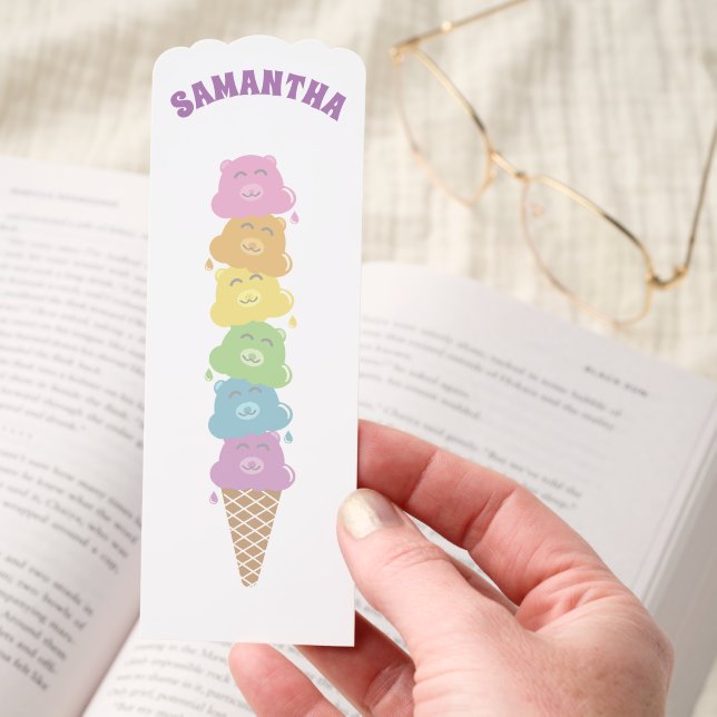 Personalized Cute Rainbow Bear Ice Cream Cone Bookmarks (Hand)
