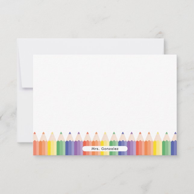 Personalized Cute Rainbow Pencils Teacher Note Thank You Card (Front)