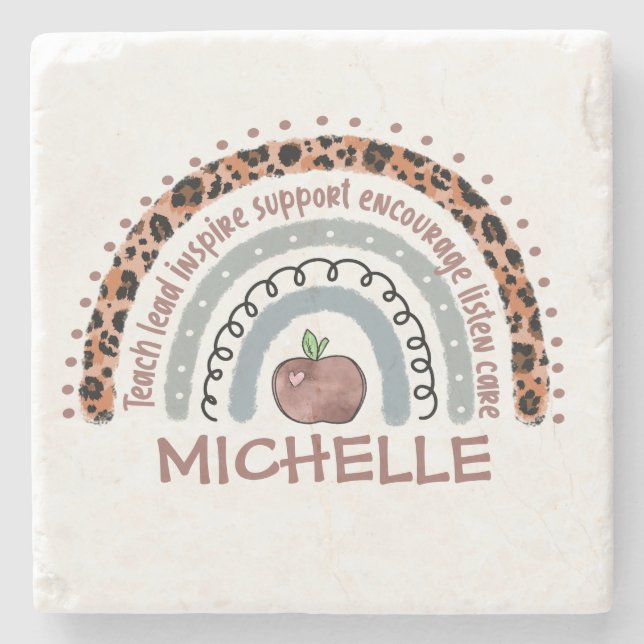Personalized Cute Rainbow Teacher | Custom Name Stone Coaster (Front)