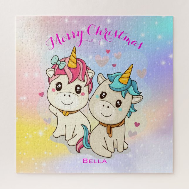 Personalized Cute Rainbow Unicorn Cartoon Couple Jigsaw Puzzle (Vertical)
