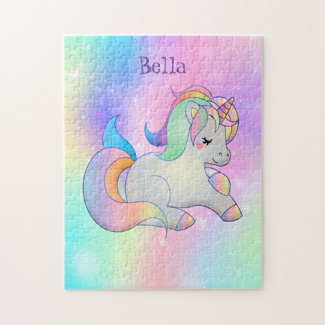 Personalized Cute Rainbow Unicorn Cartoon Jigsaw Puzzle (Vertical)