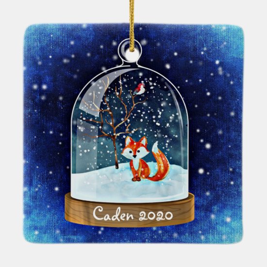 Personalized Cute Red Fox in Snowglobe Ceramic Ornament