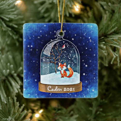 Personalized Cute Red Fox in Snowglobe Ceramic Ornament