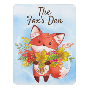 Personalized Cute Red Fox with Fall Leaves Door Sign