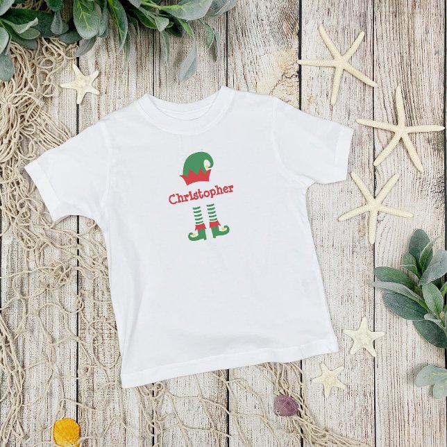Personalized Cute Red Green Elf Christmas Holiday  Toddler T-shirt (Personalized Monogrammed Christmas Elf Toddler, Baby T-shirt. Available in many kids sizes)