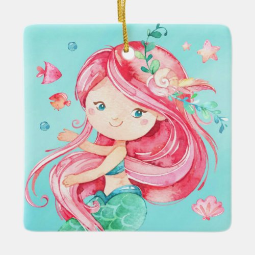 Personalized Cute Red Haired Mermaid Christmas Ceramic Ornament