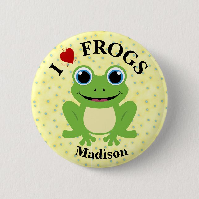Personalized Cute Red Heart I Love Frogs Button (Front)