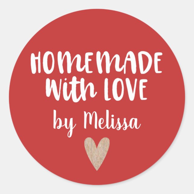 Personalized Cute Red Homemade With Love Classic Round Sticker (Front)