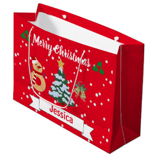 Personalized Cute Red Merry Christmas Jingle Bell Large Gift Bag