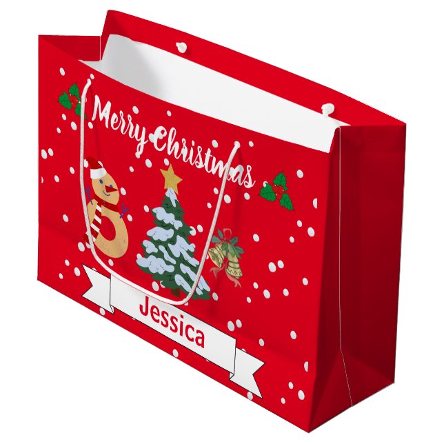 Personalized Cute Red Merry Christmas Jingle Bell  Large Gift Bag (Front Angled)