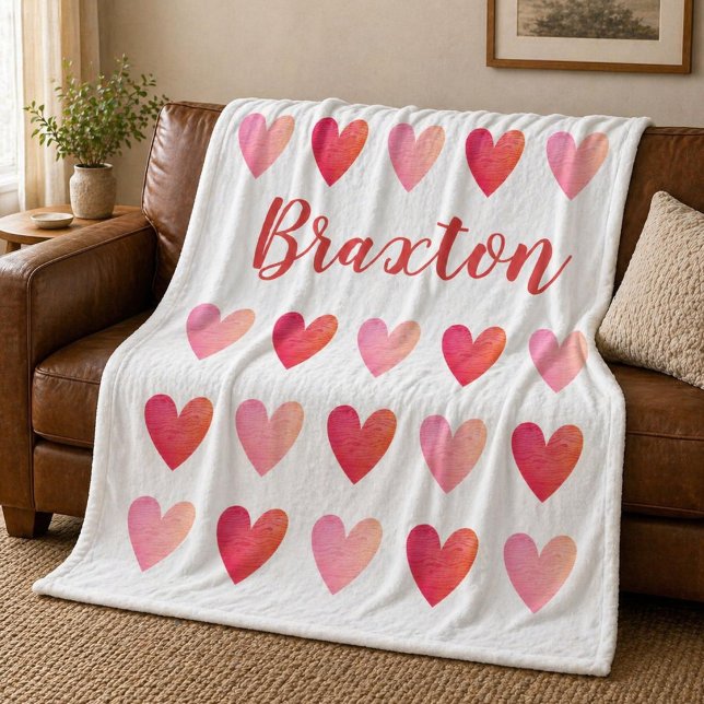 Personalized Cute Red Pink Hearts Valentines Day  Fleece Blanket (Personalize this cute pink and red hearts pattern blanket with your name. Cute gift for a girl.)