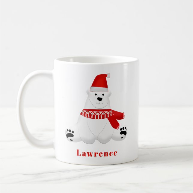 Personalized Cute Red Polar Bear Holiday Christmas Coffee Mug (Left)