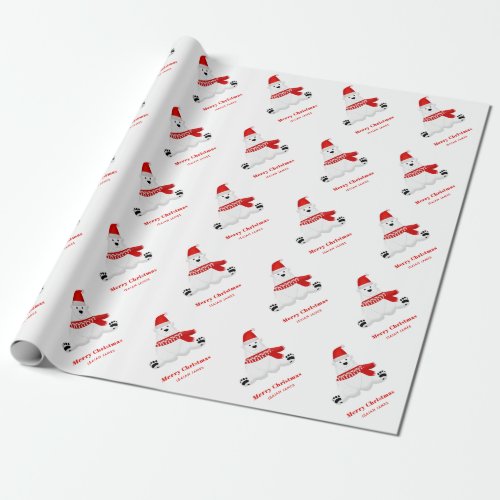 Personalized Cute Red Polar Bear Merry Christmas Wrapping Paper