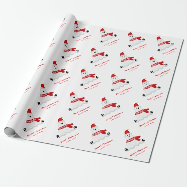 Personalized Cute Red Polar Bear Merry Christmas Wrapping Paper (Unrolled)