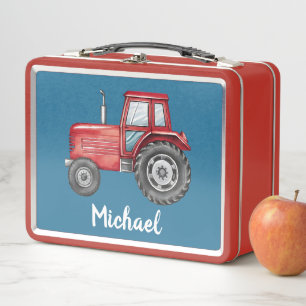 Personalized Cute Red Tractor Farm Watercolor Kids Metal Lunch Box