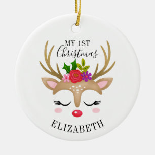 Personalized Cute Reindeer Baby 1st Christmas Ceramic Ornament