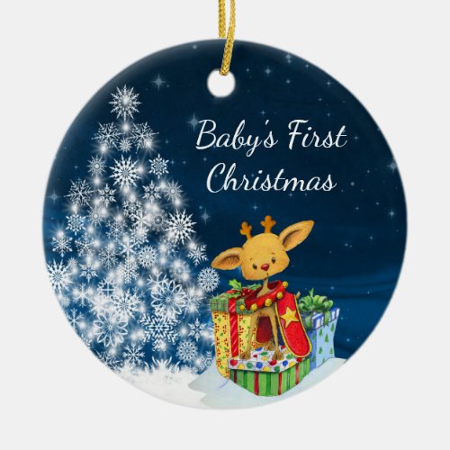 Personalized Cute Reindeer Babys First Christmas Ceramic Ornament