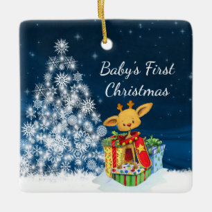 Personalized Cute Reindeer Baby's First Christmas Ceramic Ornament
