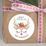 Personalized Cute Reindeer Christmas Classic Round Sticker<br><div class="desc">A cute reindeer face decorates this sticker with the words Merry Christmas. Fun for decorating Christmas gifts and holiday treat bags for neighbors. Personalize it with your name. Designed for you by Blackberry Boulevard.</div>