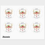 Personalized Cute Reindeer Christmas Classic Round Sticker<br><div class="desc">A cute reindeer face decorates this sticker with the words Merry Christmas. Fun for decorating Christmas gifts and holiday treat bags for neighbors. Personalize it with your name. Designed for you by Blackberry Boulevard.</div>