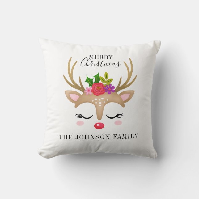 Personalized Cute Reindeer Christmas Throw Pillow (Front)